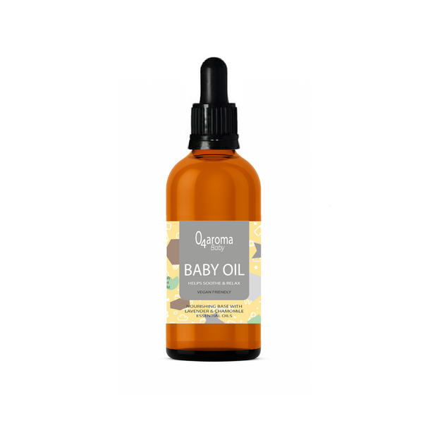 Bottle of baby oil with a dropper labeled 'O2aroma Baby' on a white background