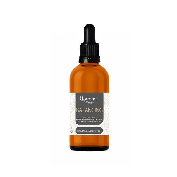 Bottle of O2aroma Balancing oil with a dropper on a white background
