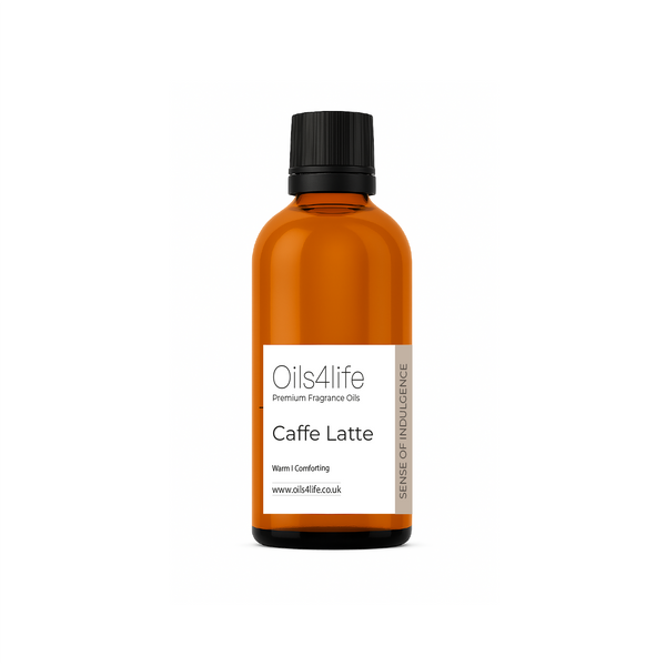 Bottle of Oils4life Caffe Latte fragrance oil on a white background