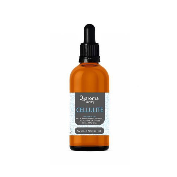 Bottle of O4aroma Therapy Cellulite massage oil with a dropper on a white background
