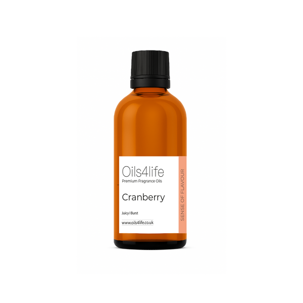 Amber bottle of Cranberry fragrance oil by Oils4life on a white background