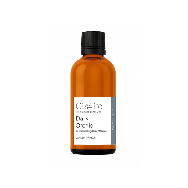 Bottle of Oils4life Dark Orchid fragrance oil on a white background