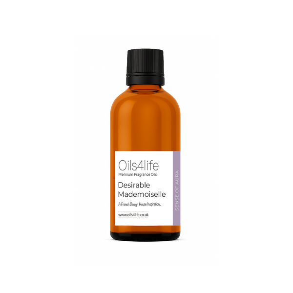 Bottle of Oils4Life Desirable Mademoiselle fragrance oil on a white background