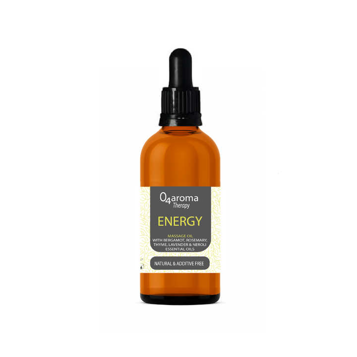 Bottle of O2aroma Energy massage oil on a white background