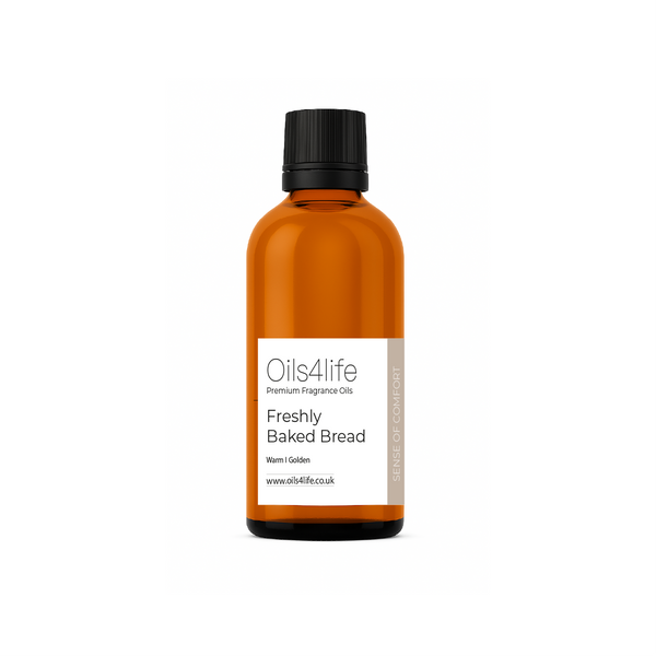 Bottle of Oils4life Freshly Baked Bread fragrance oil on a white background