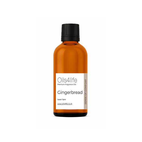 Bottle of Oils4life Gingerbread fragrance oil on a white background