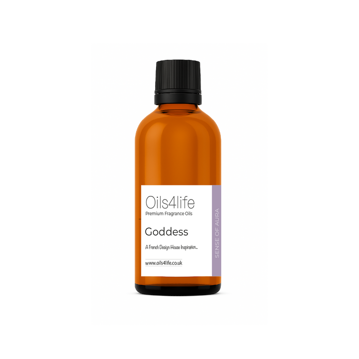 Bottle of Oils4life Goddess fragrance oil on a white background