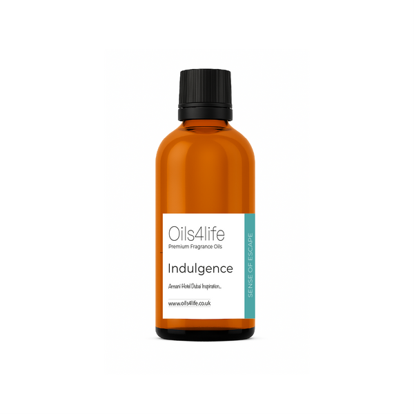 Bottle of Oils4life Indulgence fragrance oil on a white background