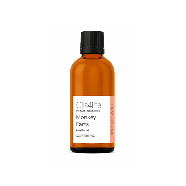 Bottle of Oils4Life Monkey Farts fragrance oil on a white background