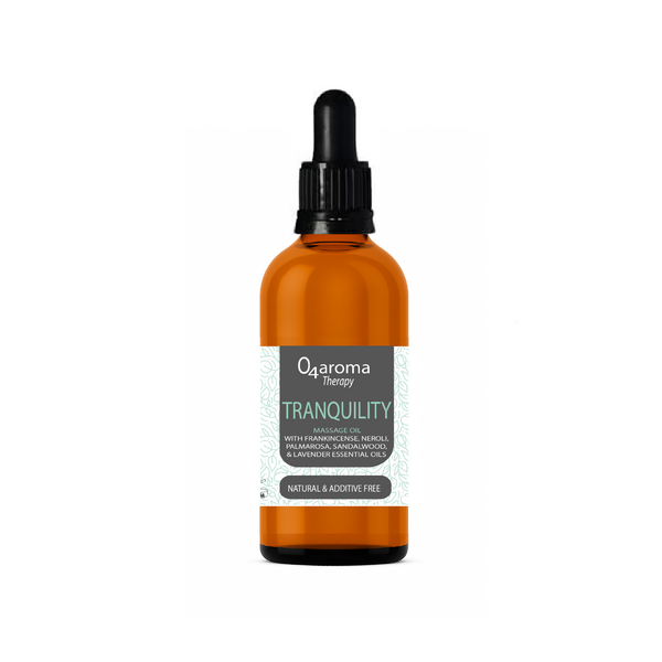 Orange bottle with dropper labeled 'O2aroma Tranquility' on a white background
