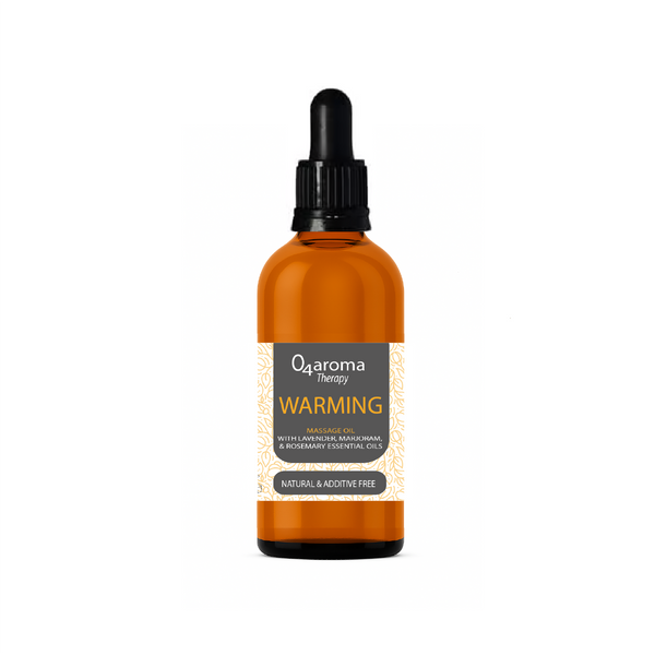 Bottle of O4aroma Warming massage oil with a dropper on a white background