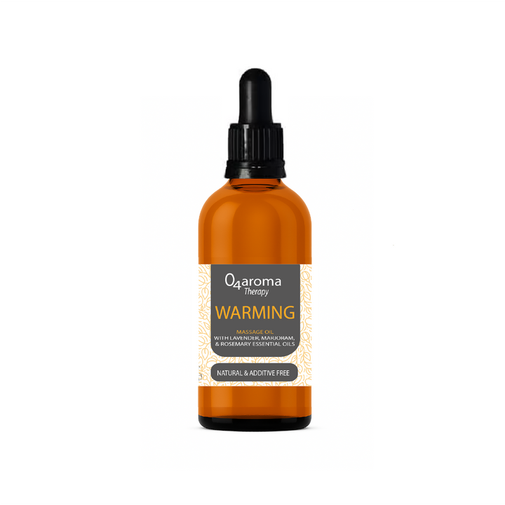 Bottle of O4aroma Warming massage oil with a dropper on a white background