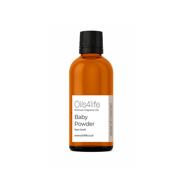 Bottle of Oils4life Baby Powder fragrance oil on a white background