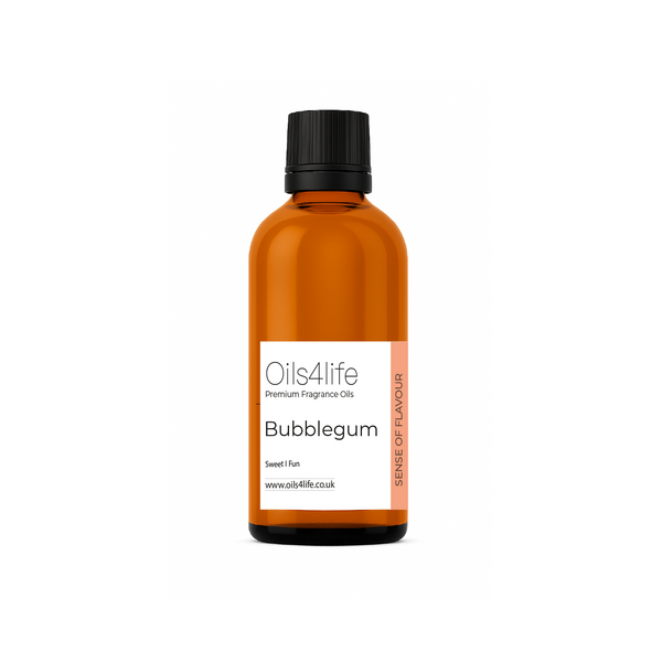 Bottle of Oils4life Bubblegum fragrance oil on a white background