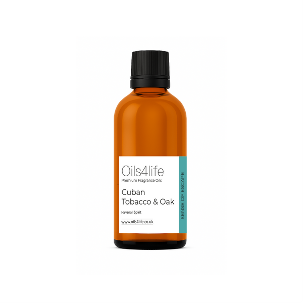 Bottle of Oils4life Cuban Tobacco & Oak fragrance oil on a white background