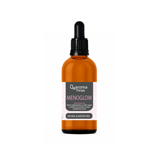 Bottle of O4aroma Menoglow massage oil with a dropper on a white background