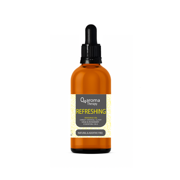 Bottle of O2aroma Therapy Refreshing massage oil with a dropper on a white background