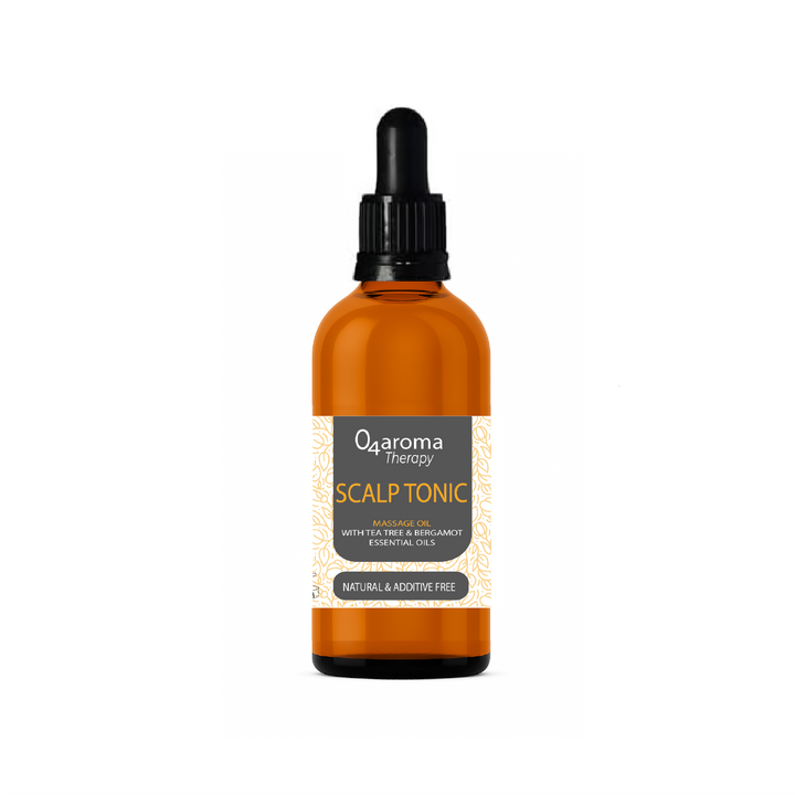 Bottle of O4aroma Scalp Tonic on a white background