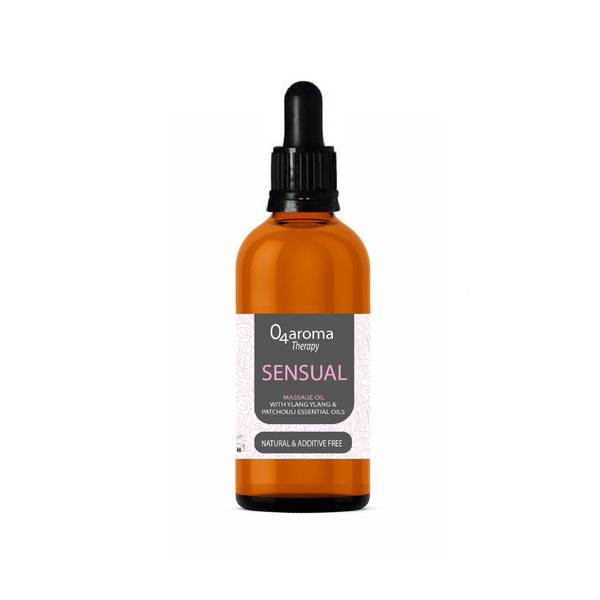 Bottle of O2aroma Sensual massage oil on a white background