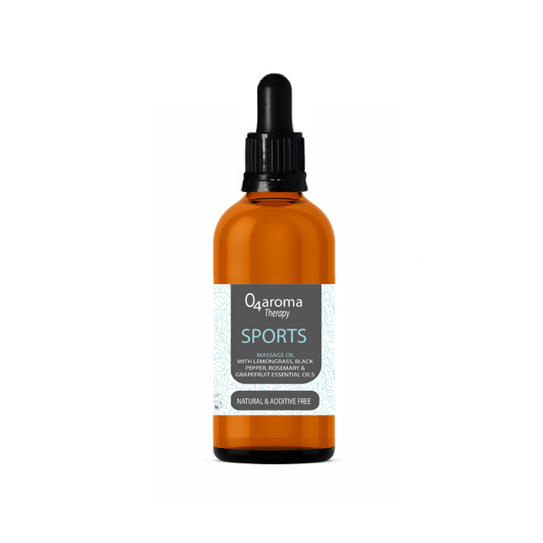 Orange bottle with a dropper labeled 'O2aroma Therapy Sports' on a white background