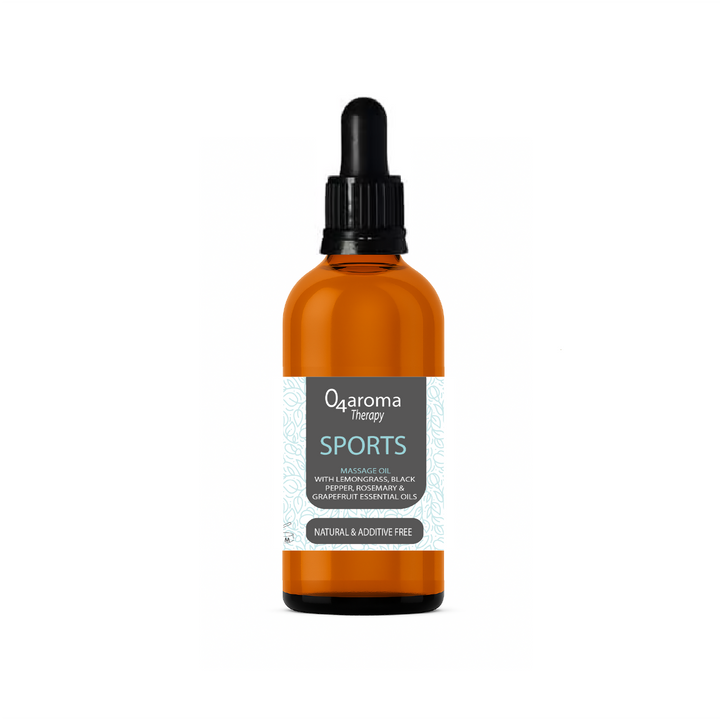 Orange bottle with a dropper labeled 'O2aroma Therapy Sports' on a white background