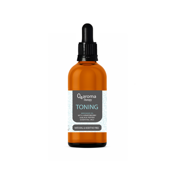 Bottle of O4aroma Toning massage oil with a dropper on a white background