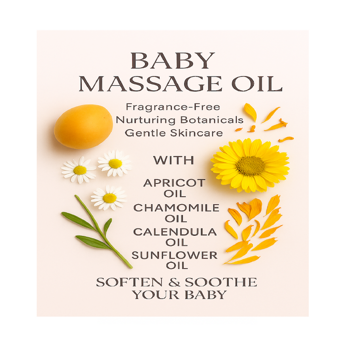 Advertisement for baby massage oil with botanicals and apricot on a light background