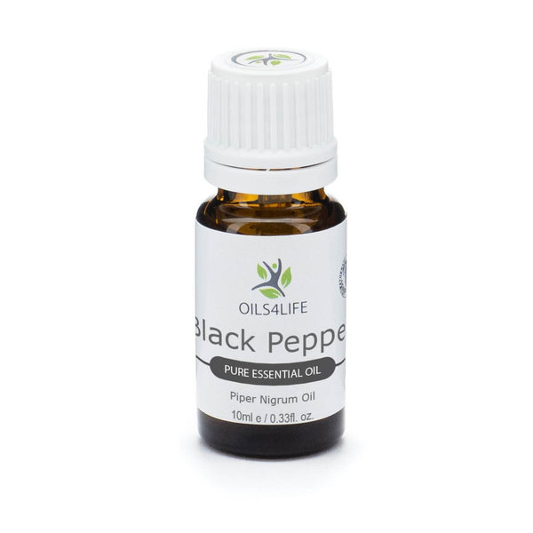 Black pepper essential oil bottle with peppercorns – Oils4life pure piper nigrum oil
