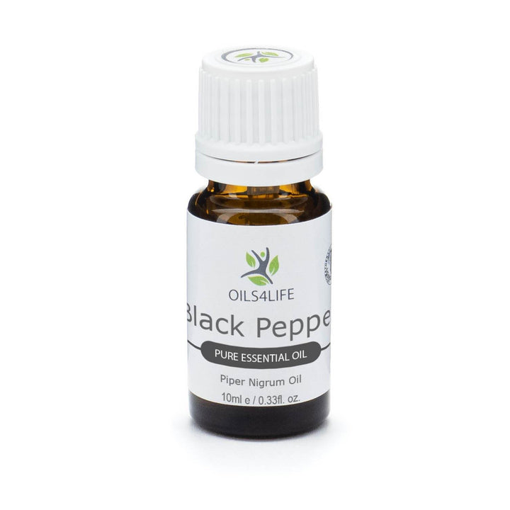 Black pepper essential oil bottle with peppercorns – Oils4life pure piper nigrum oil
