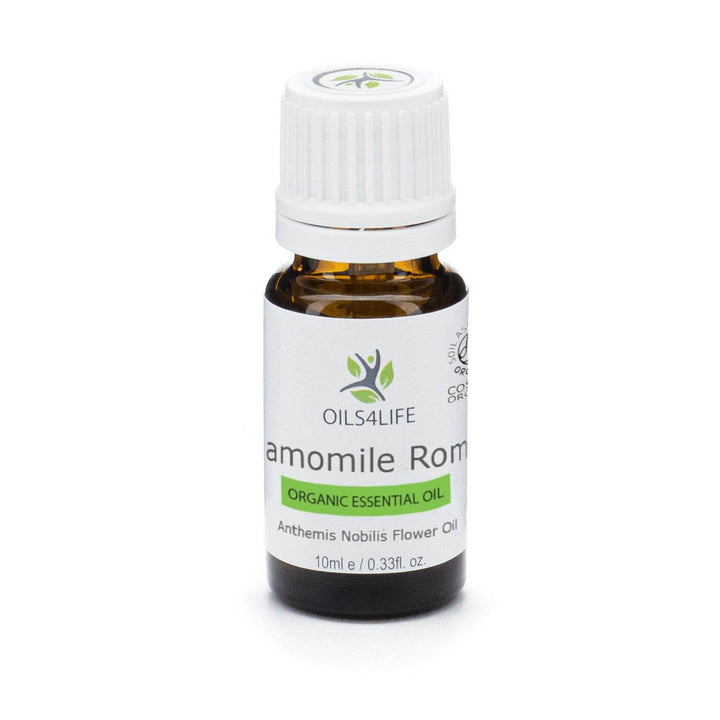 Chamomile Roman essential oil bottle with white daisy-like flowers – Oils4life pure Anthemis nobilis oil.