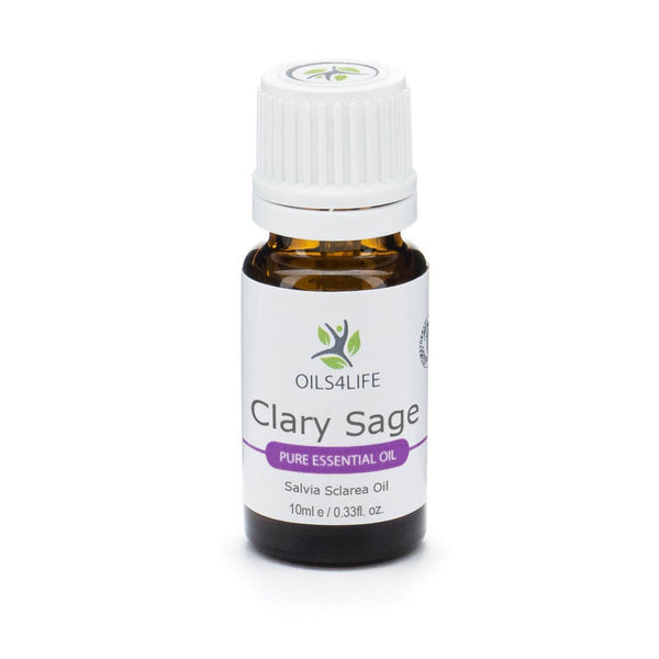 Clary Sage essential oil bottle with flowering clary sage herb – Oils4life pure Salvia sclarea oil.