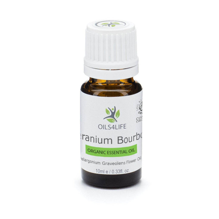 Geranium Bourbon essential oil bottle with pink geranium flowers – Oils4life pure Pelargonium graveolens oil.
