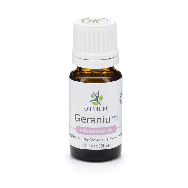 Amber bottle of Geranium Egyptian Essential Oil with fresh geranium leaves and pink flowers on a neutral background