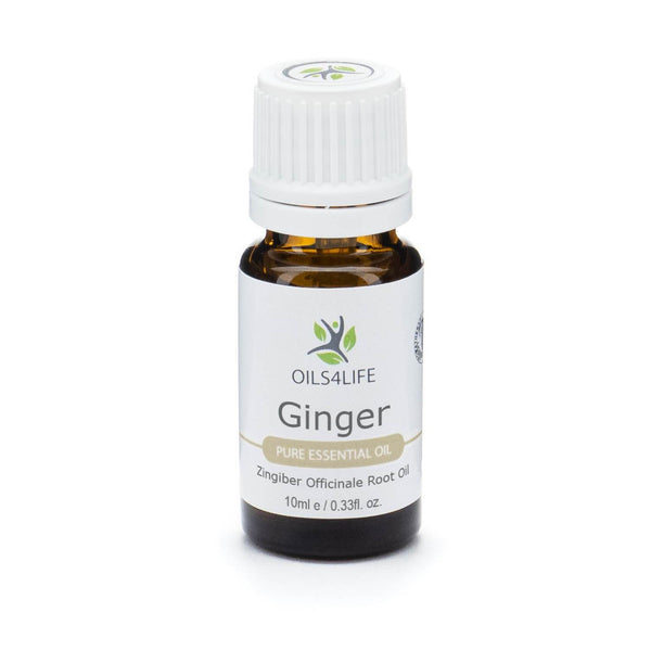Amber bottle of Ginger Essential Oil with sliced ginger root on a neutral white background
