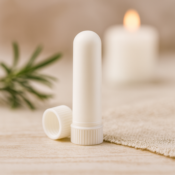 Two white lip balm tubes on a wooden surface with a blurred candle and plant in the background.