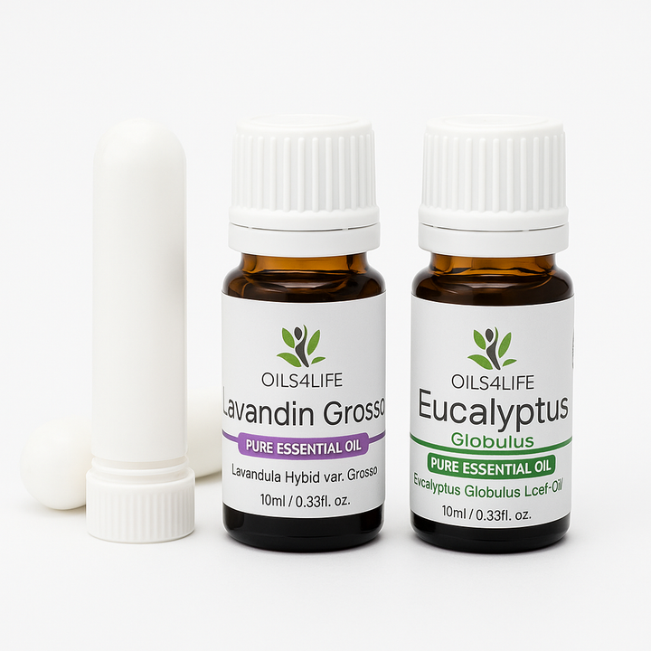 Two bottles of essential oils labeled 'Lavandin Grossa' and 'Eucalyptus Globulus' on a white background.