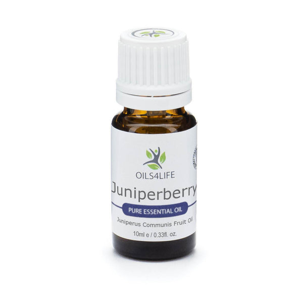 Juniper Berry essential oil bottle with juniper berries and needles – Oils4life pure Juniperus communis oil.”
