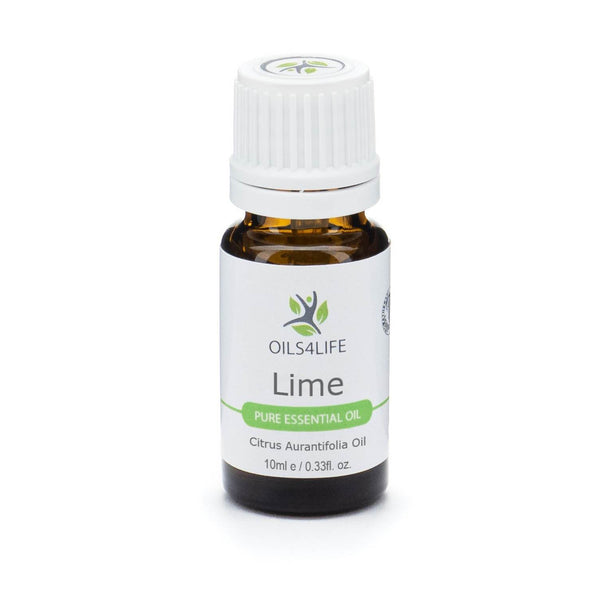 Amber bottle of Lime Essential Oil with sliced lime and green leaves on a clean white background