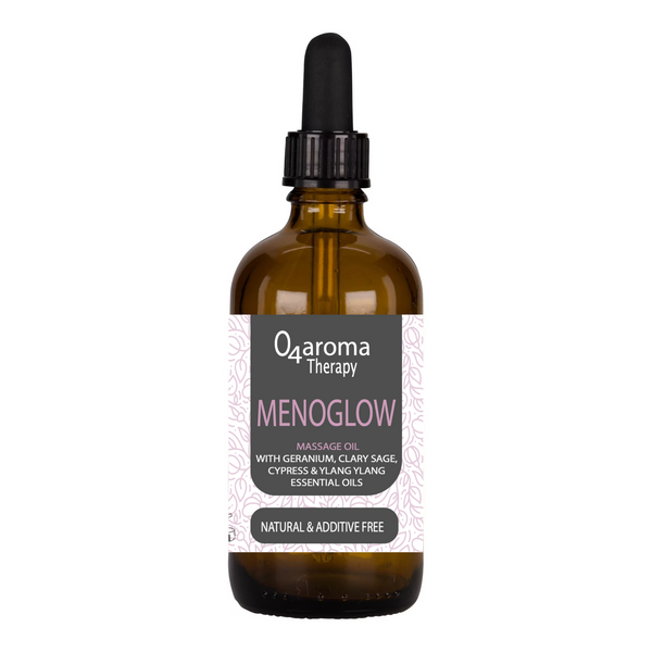 100ml Menoglow Oil for Menopause, in amber glass bottle and pipette dropper.