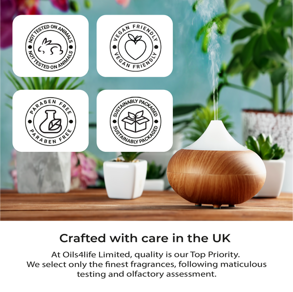 Wooden diffuser on a table with plant decor and certification icons displayed.