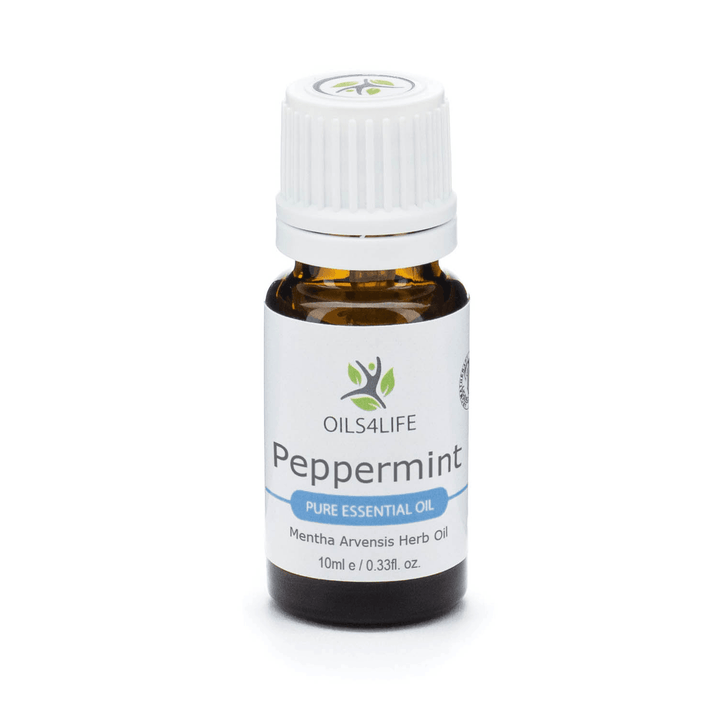 Peppermint Arvensis Essential Oil with fresh mint leaves on a white background