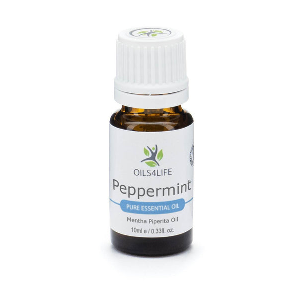 Peppermint Piperita Essential Oil bottle with fresh peppermint leaves on a white background