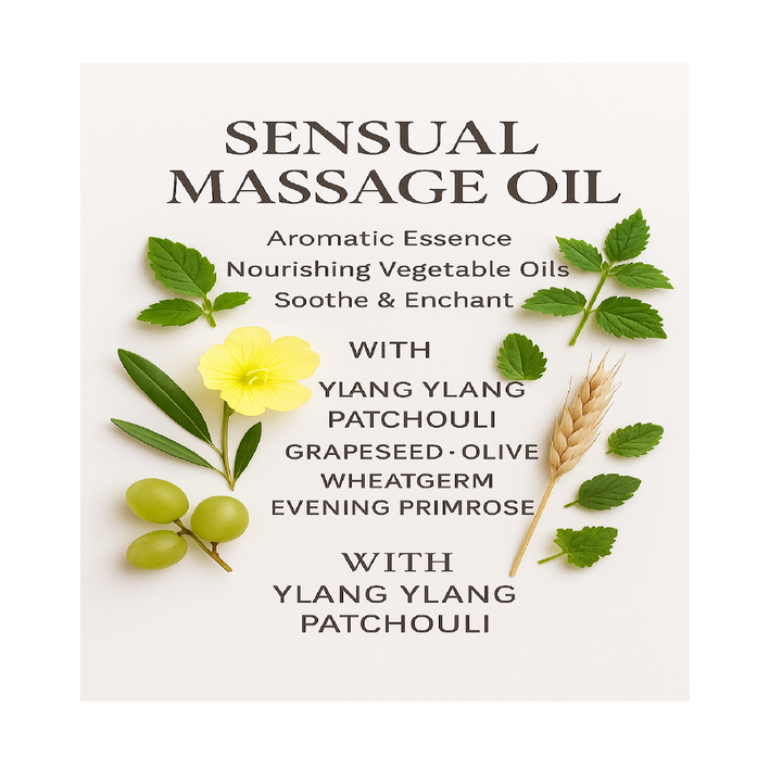Sensual Massage Oil packaging with natural ingredients and text on a white background