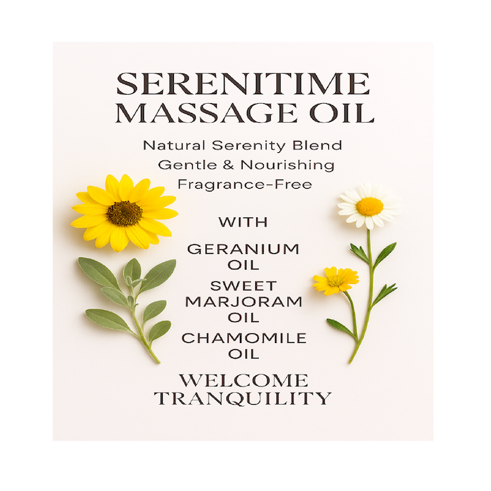 Advertisement for Serenitime Massage Oil with flowers and text on a white background