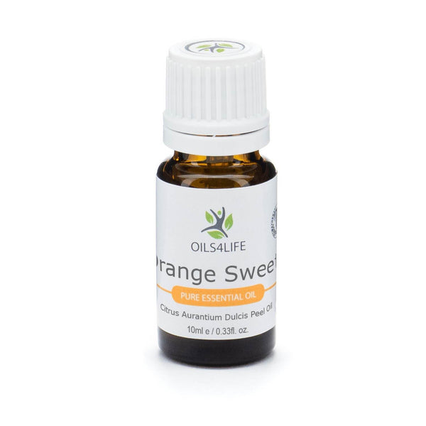 Sweet Orange Essential Oil bottle with fresh orange slices and green leaves on a clean white background