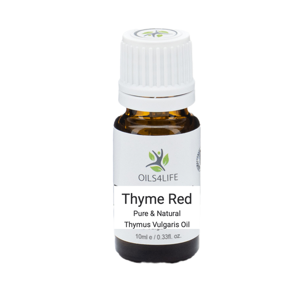Thyme Essential Oil bottle with fresh thyme sprigs on a white background