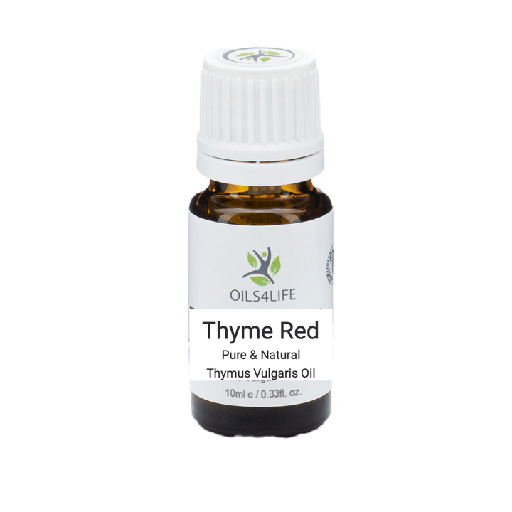 Thyme Essential Oil bottle with fresh thyme sprigs on a white background