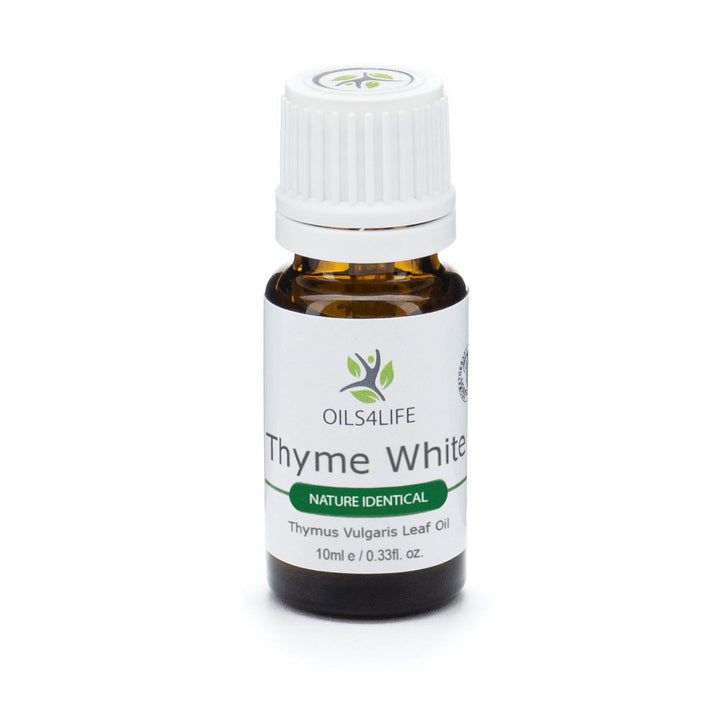Thyme White Essential Oil bottle surrounded by white thyme sprigs on a clean white surface