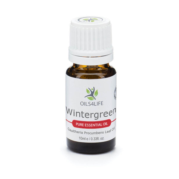 Wintergreen Essential Oil bottle with fresh wintergreen leaves and berries on white background